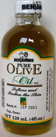 BENJAMINS PURE OLIVE OIL 120 ML 

BENJAMINS PURE OLIVE OIL 120 ML: available at Sam's Caribbean Marketplace, the Caribbean Superstore for the widest variety of Caribbean food, CDs, DVDs, and Jamaican Black Castor Oil (JBCO). 