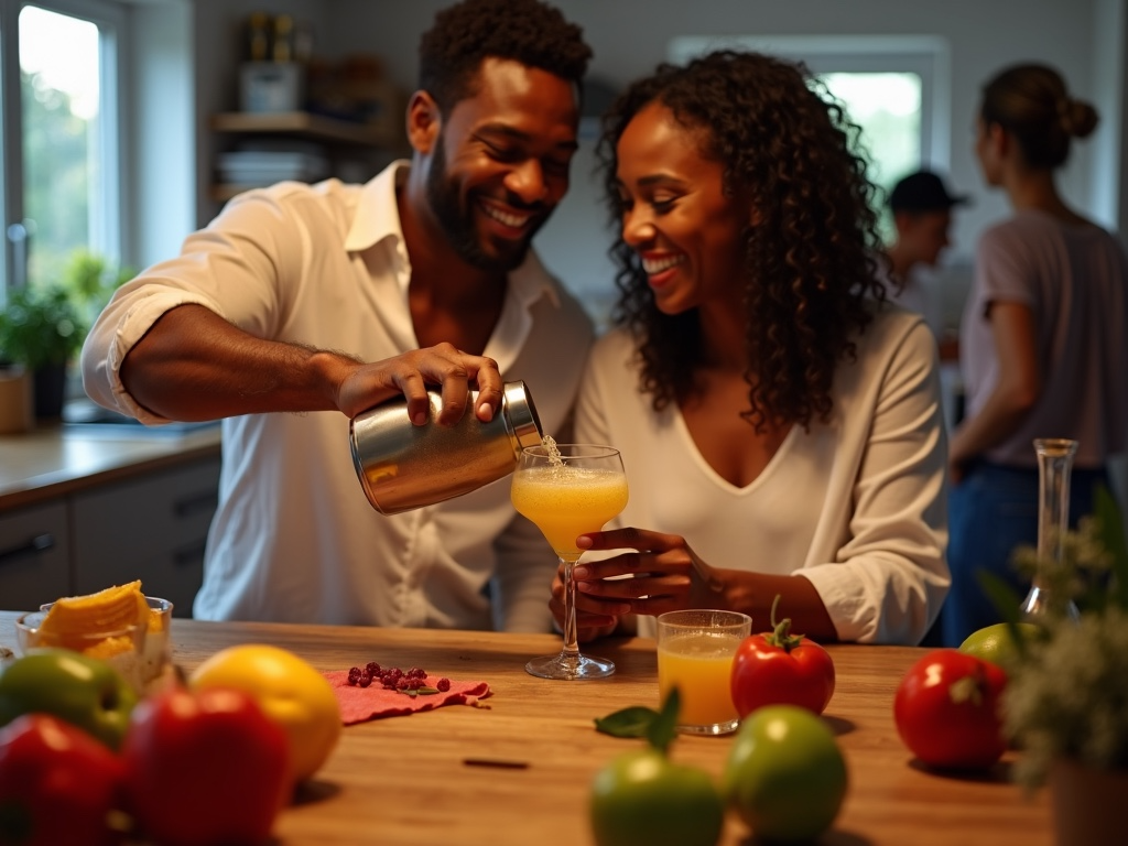 Man pouring Caribbean Beverage into a glass for a woman.