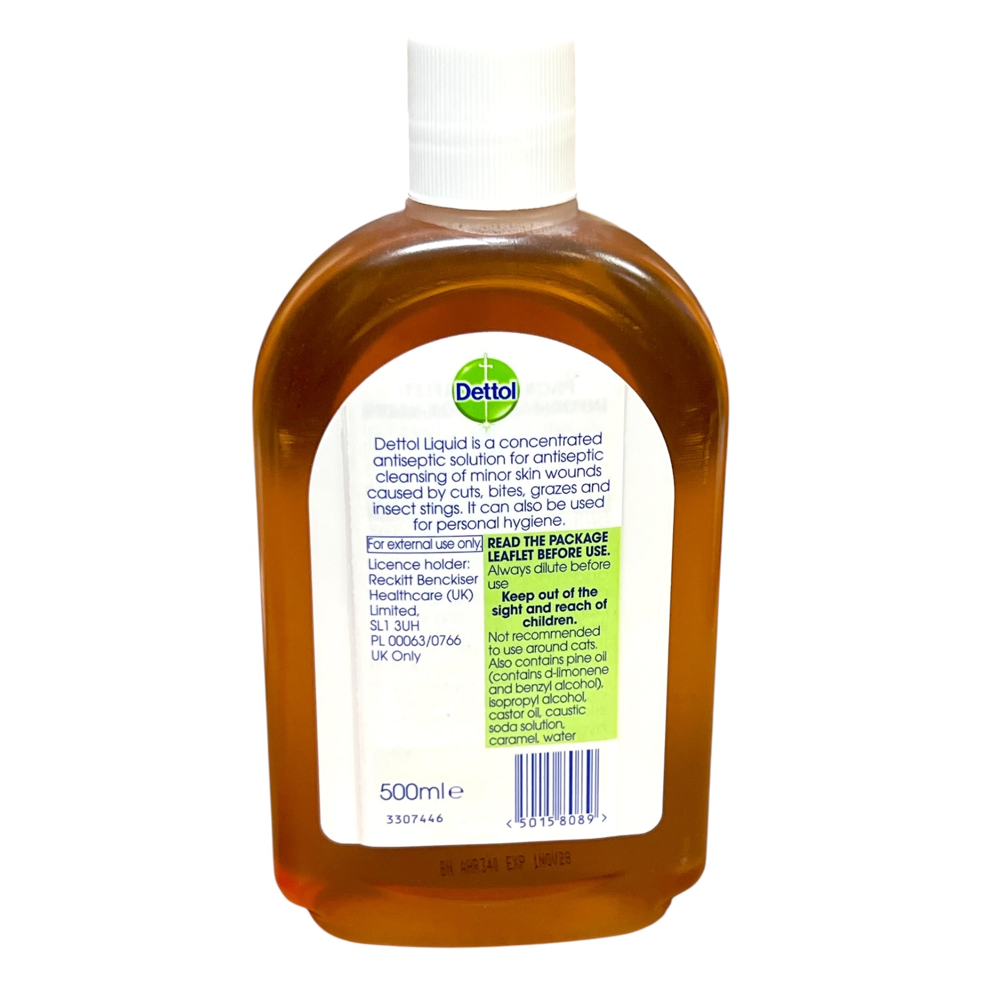 A 500ml bottle of Dettol Liquid concentrated antiseptic solution, viewed from the back to show the white label with green and black text and barcode.